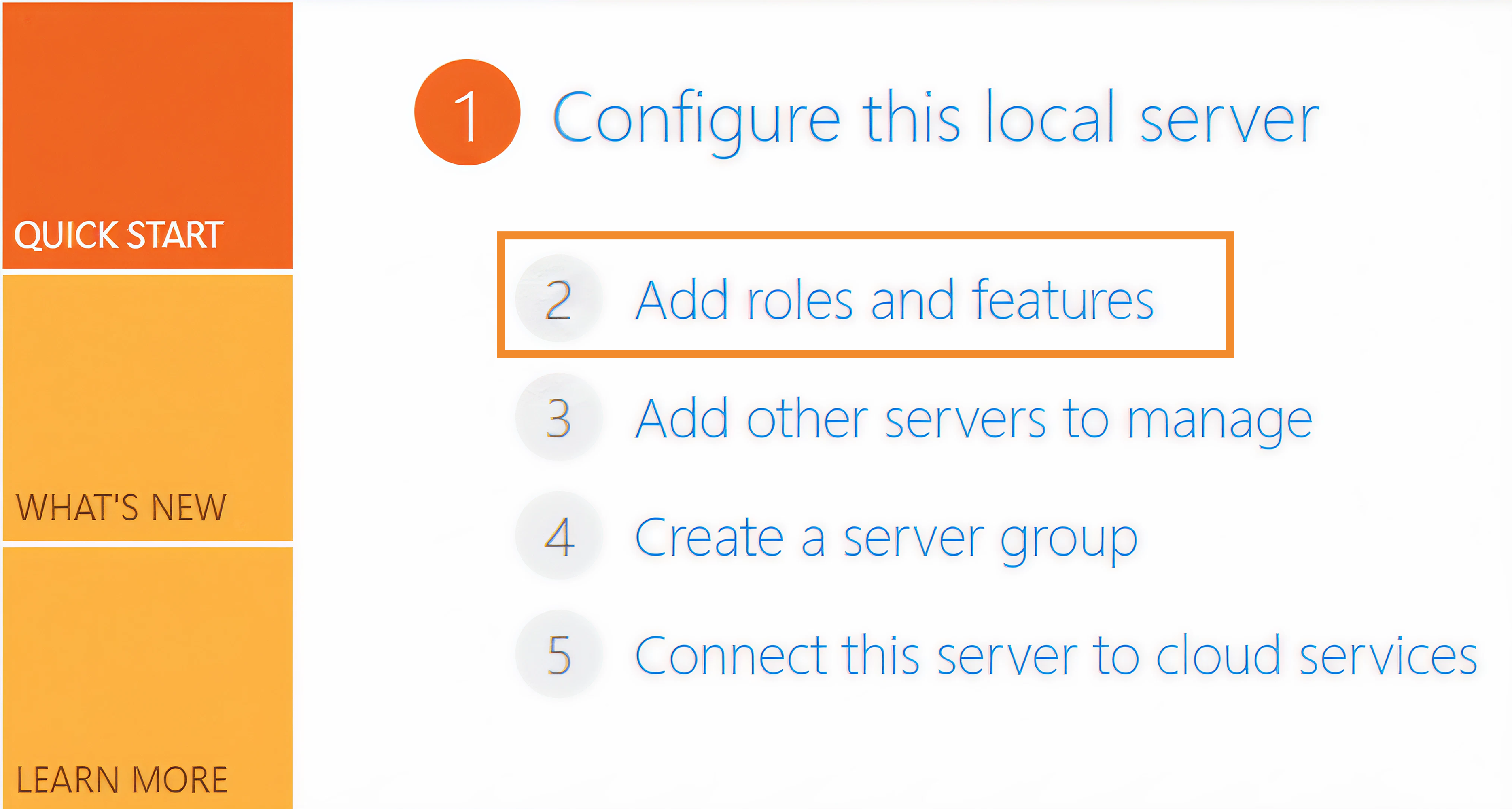 Instructions for configuring a local server, highlighting the step to add roles and features.